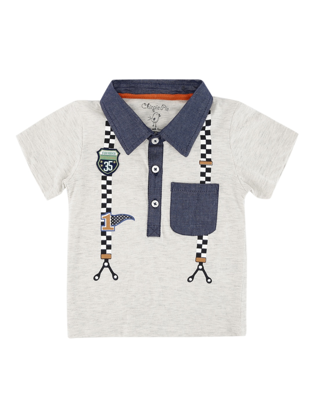 

Chirpie Pie by Pantaloons Boys Grey Printed Polo Collar Pure Cotton T-shirt