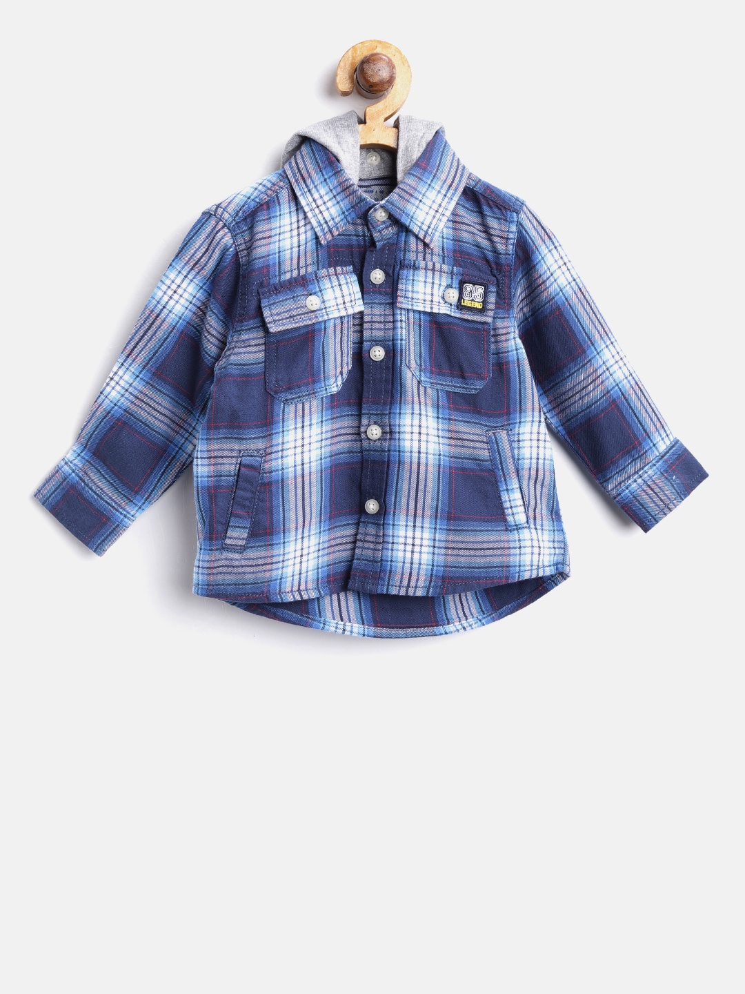 

Losan Boys Navy Blue & Off-White Regular Fit Checked Hooded Casual Shirt
