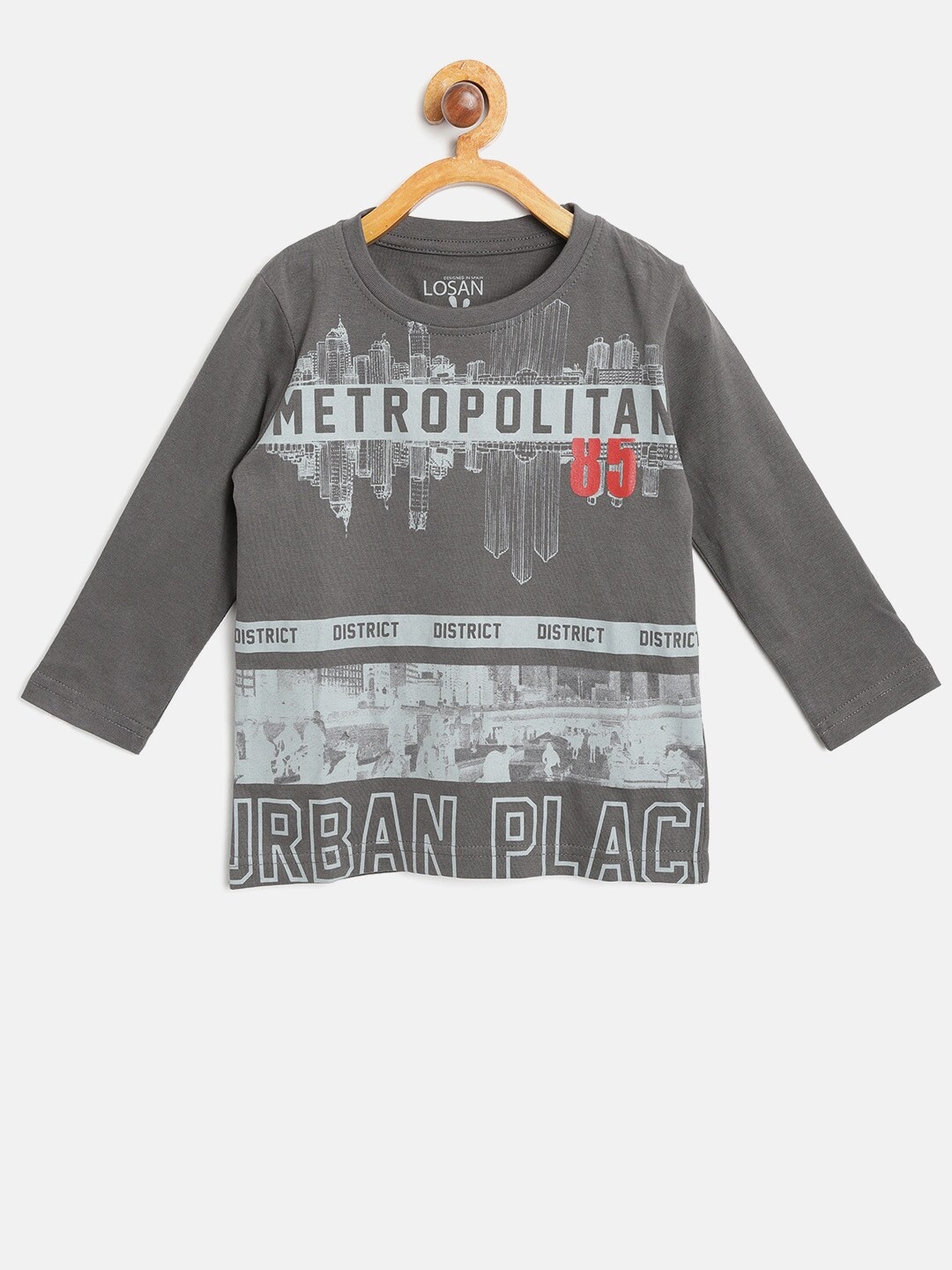 

Losan Boys Grey Printed Round Neck Pure Cotton T-shirt