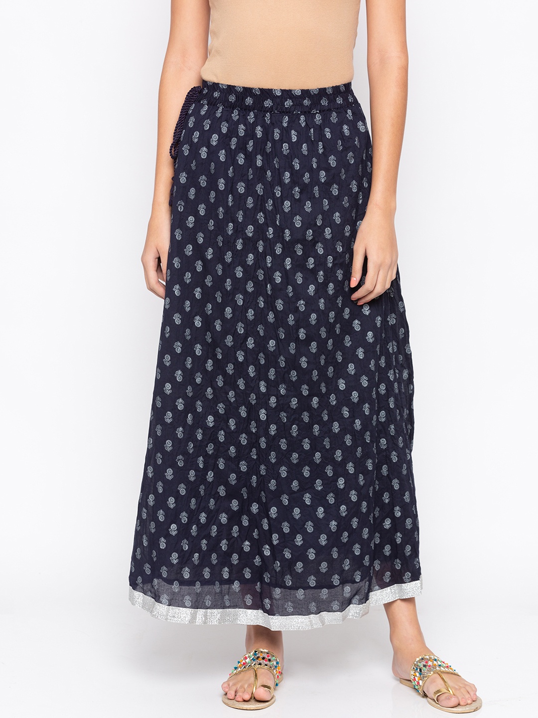 

Globus Women Navy Blue Printed Maxi Pure Cotton Skirt