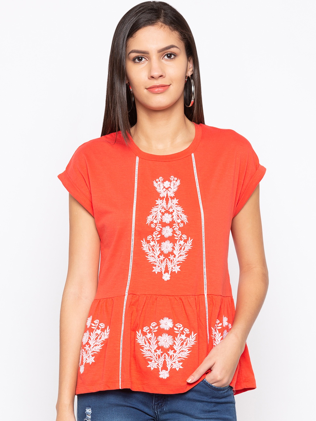 

Globus Women Orange Printed A-Line Top