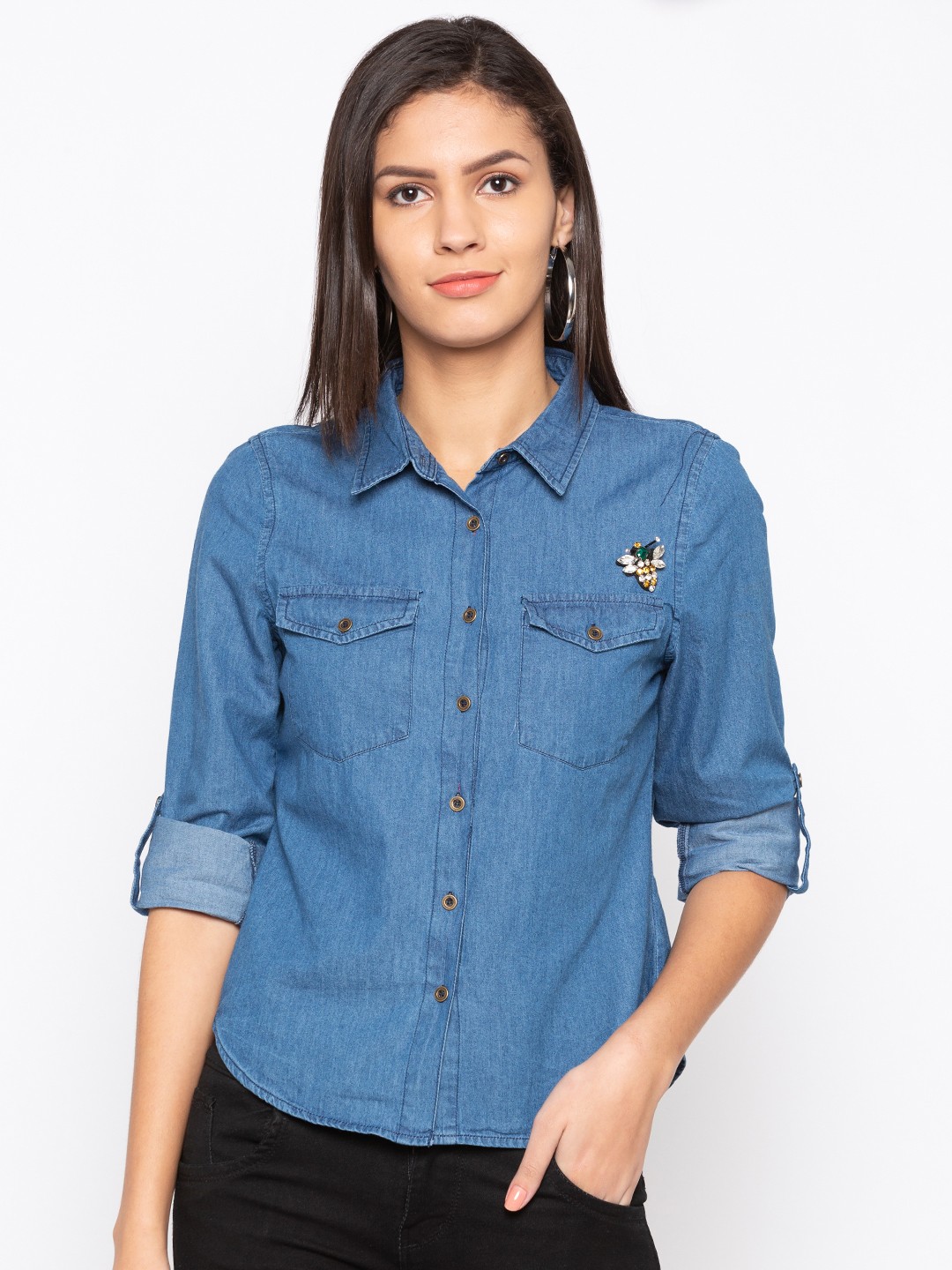 

Globus Women Blue Regular Fit Solid Casual Denim Shirt