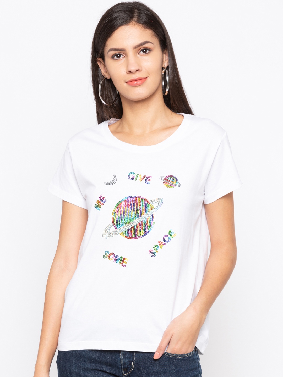 

Globus Women White Printed Round Neck T-shirt