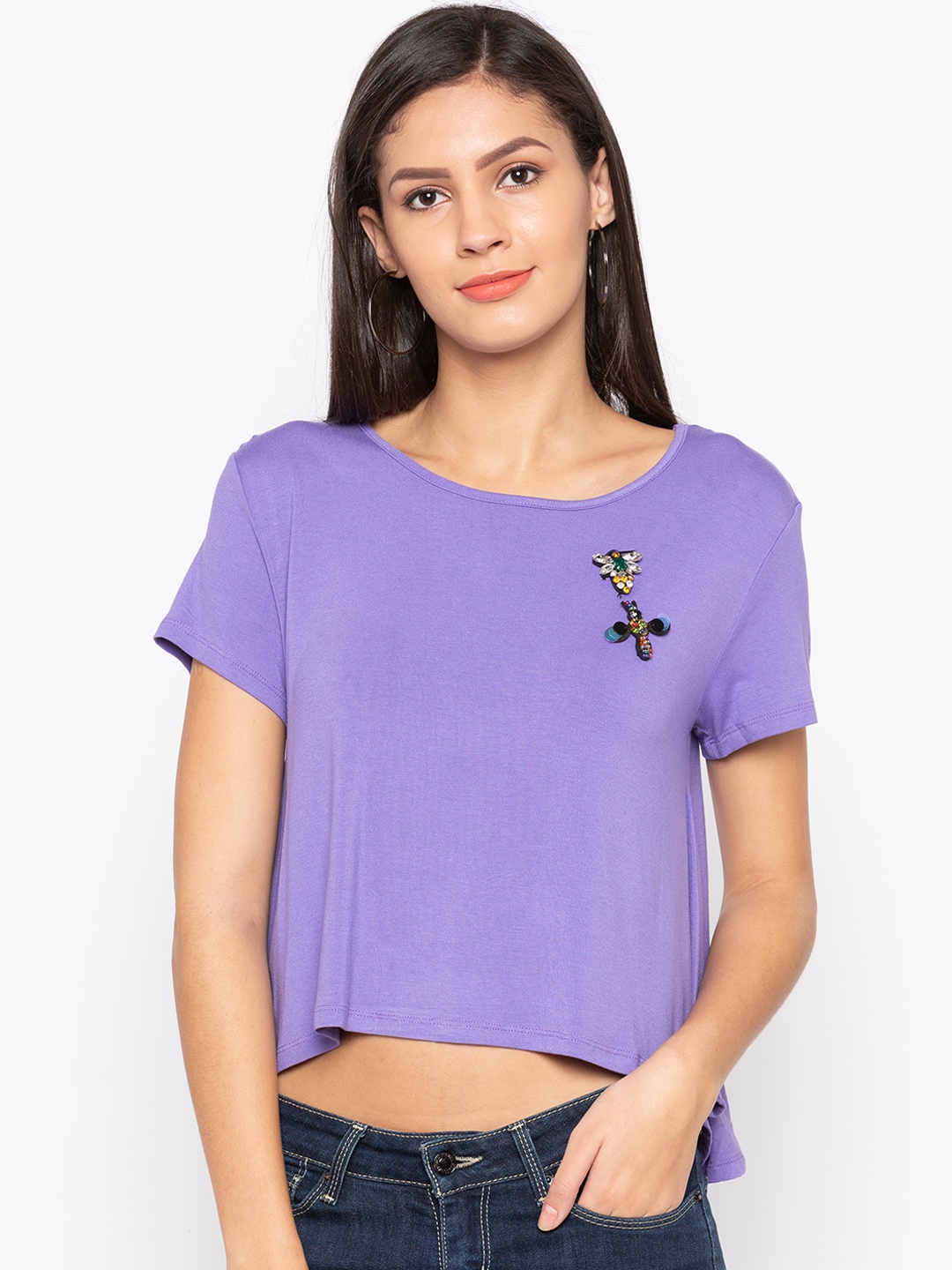 

Globus Women Purple Embellished High-Low Crop Top