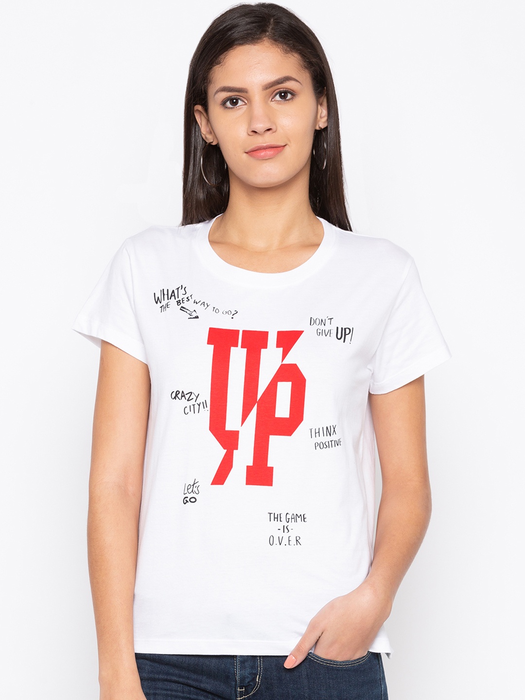 

Globus Women White Printed Round Neck T-shirt