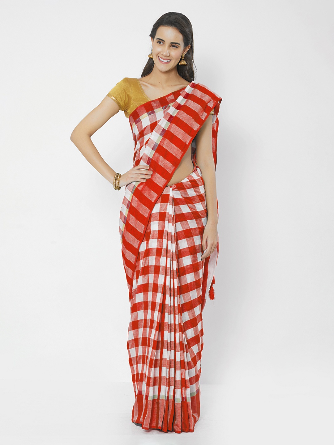 

Rajesh Silk Mills Red & White Linen Blend Printed Saree
