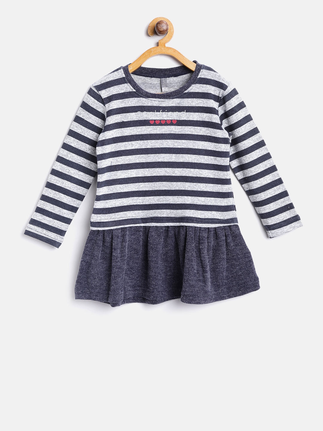 

Losan Girls Navy & Grey Melange Striped Drop-Waist Dress, Navy blue