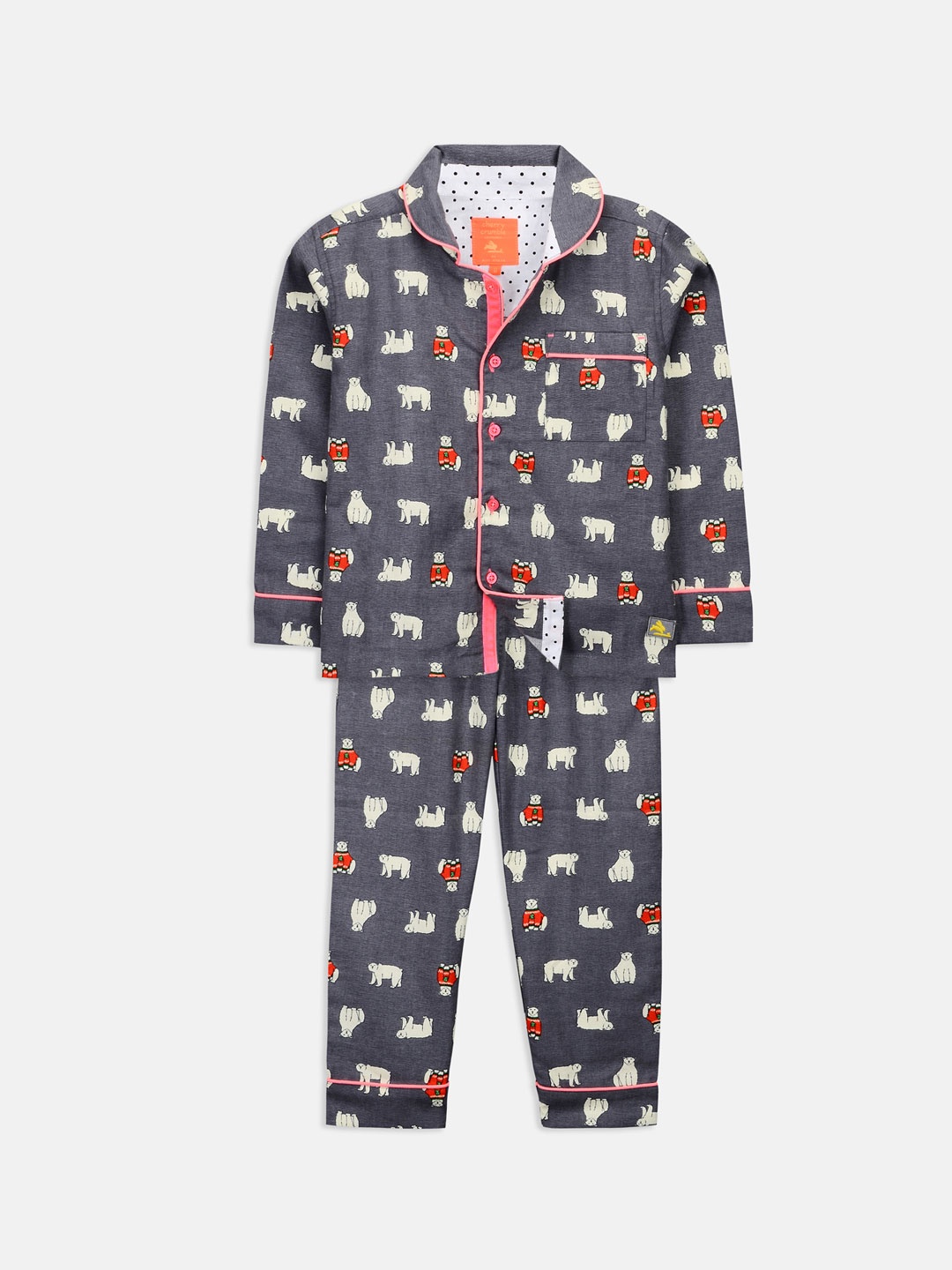 

Cherry Crumble Boys and Girls Grey Printed Cozy Polarbear Nightsuit