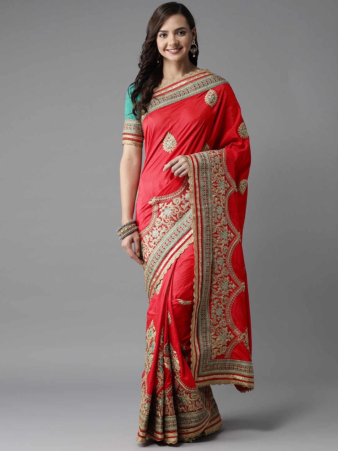 

MANOHARI Red & Golden Embroidered Saree