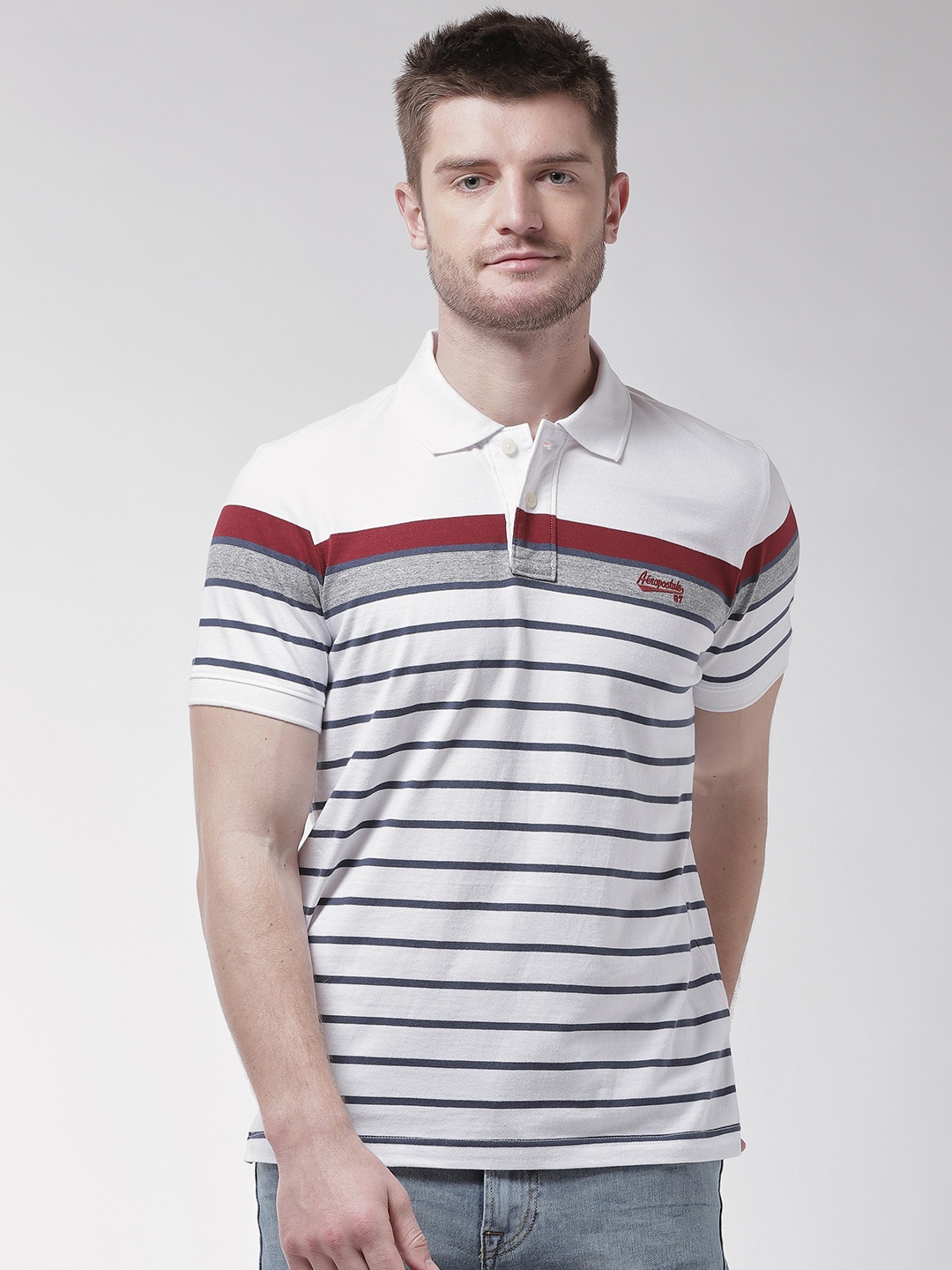 

Aeropostale Men White Striped Polo Collar Pure Cotton T-shirt