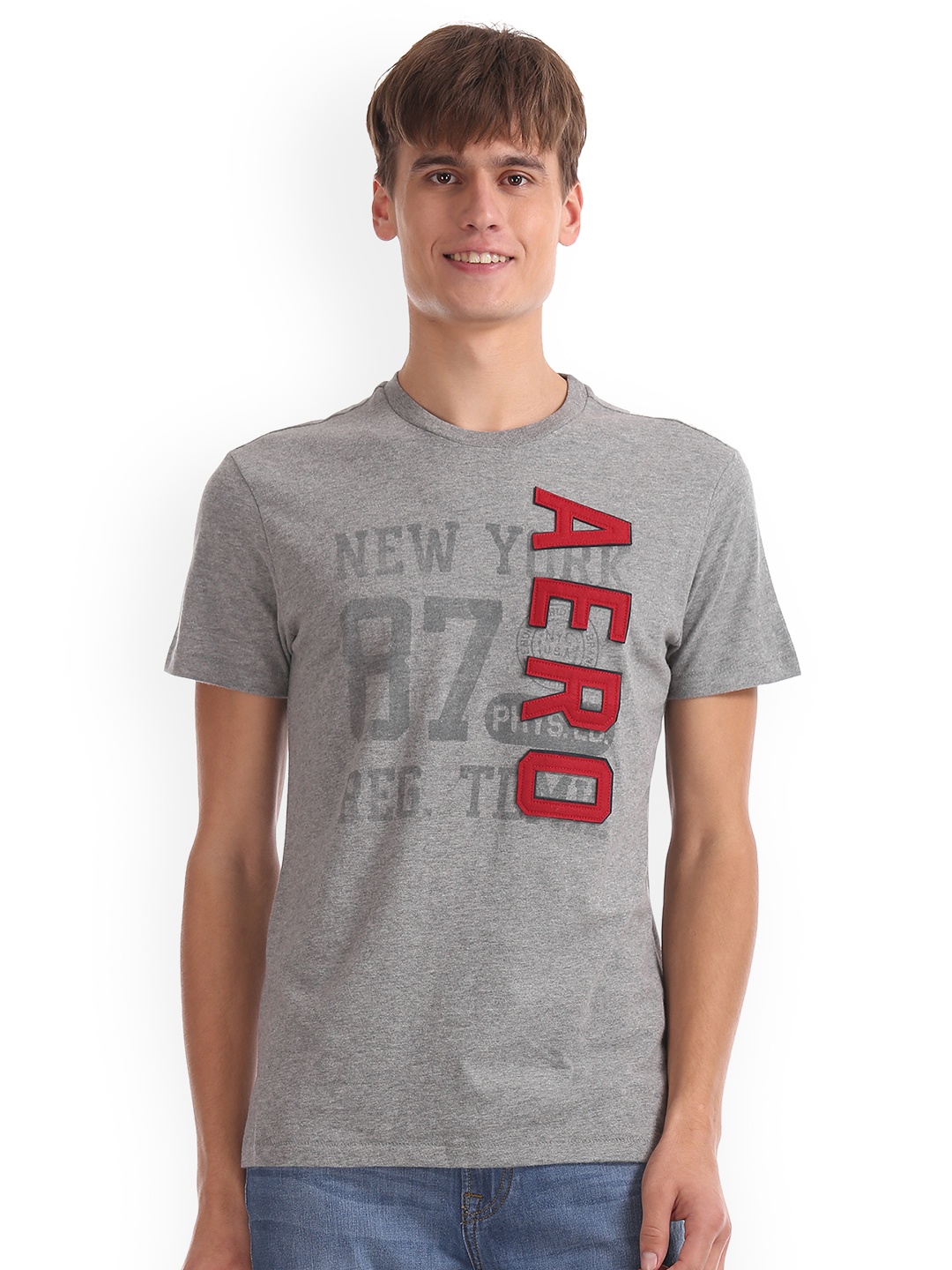 

Aeropostale Men Grey Melange Checked Round Neck Pure Cotton T-shirt