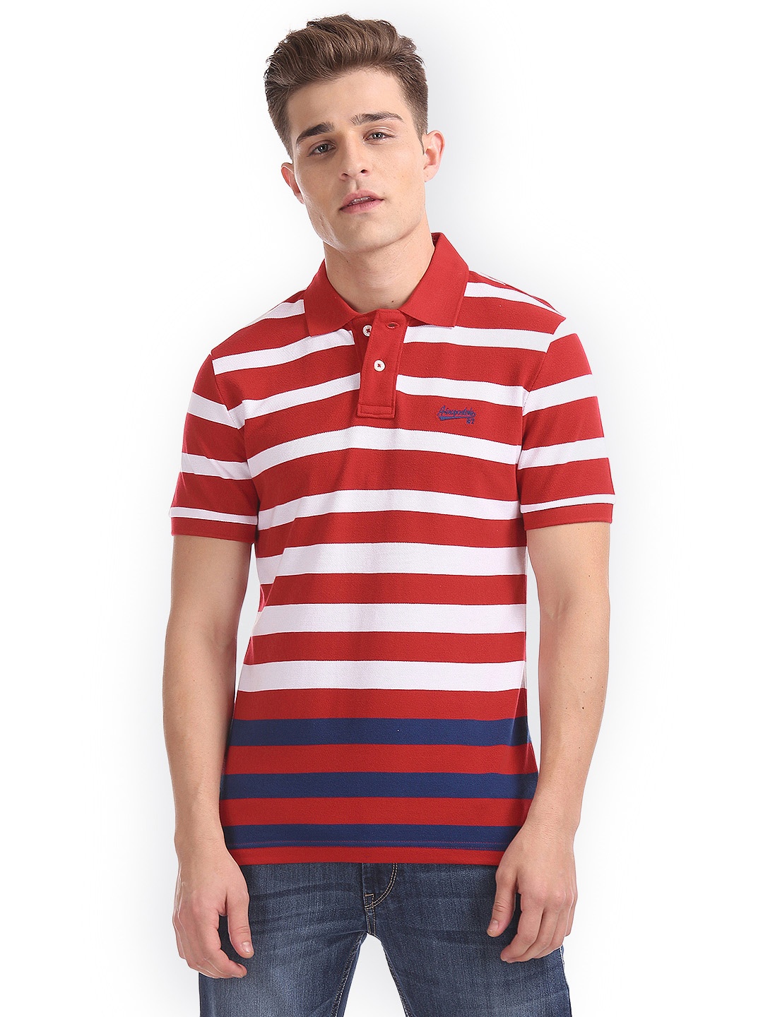 

Aeropostale Men Red Striped Polo Collar Pure Cotton T-shirt