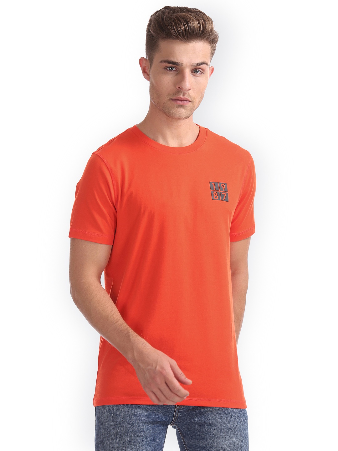 

Aeropostale Men Orange Printed Round Neck T-shirt