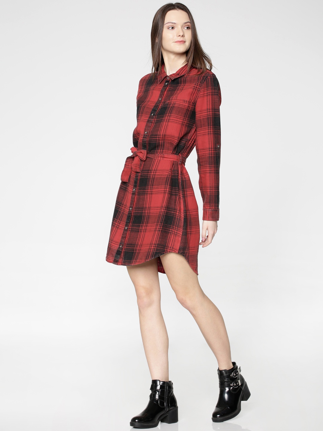 

ONLY Women Red & Black Checked Shirt Dress