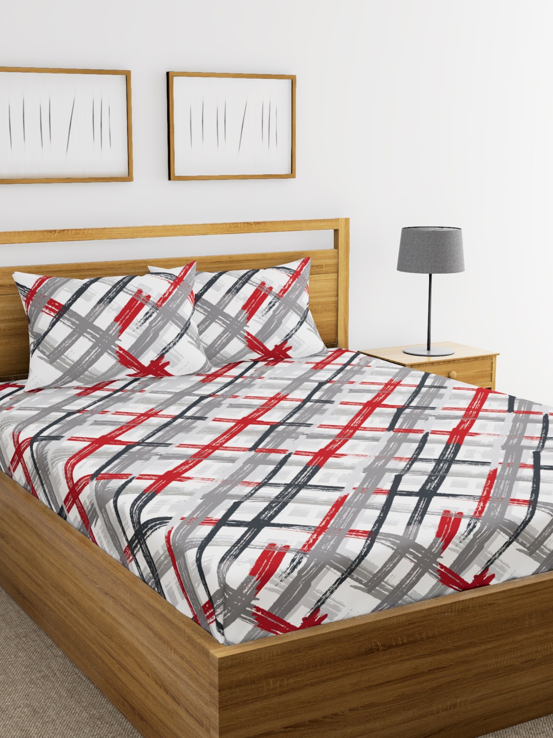 

BIANCA Grey & Red Geometric Flat 180 TC Cotton 1 Double Bedsheet with 2 Pillow Covers