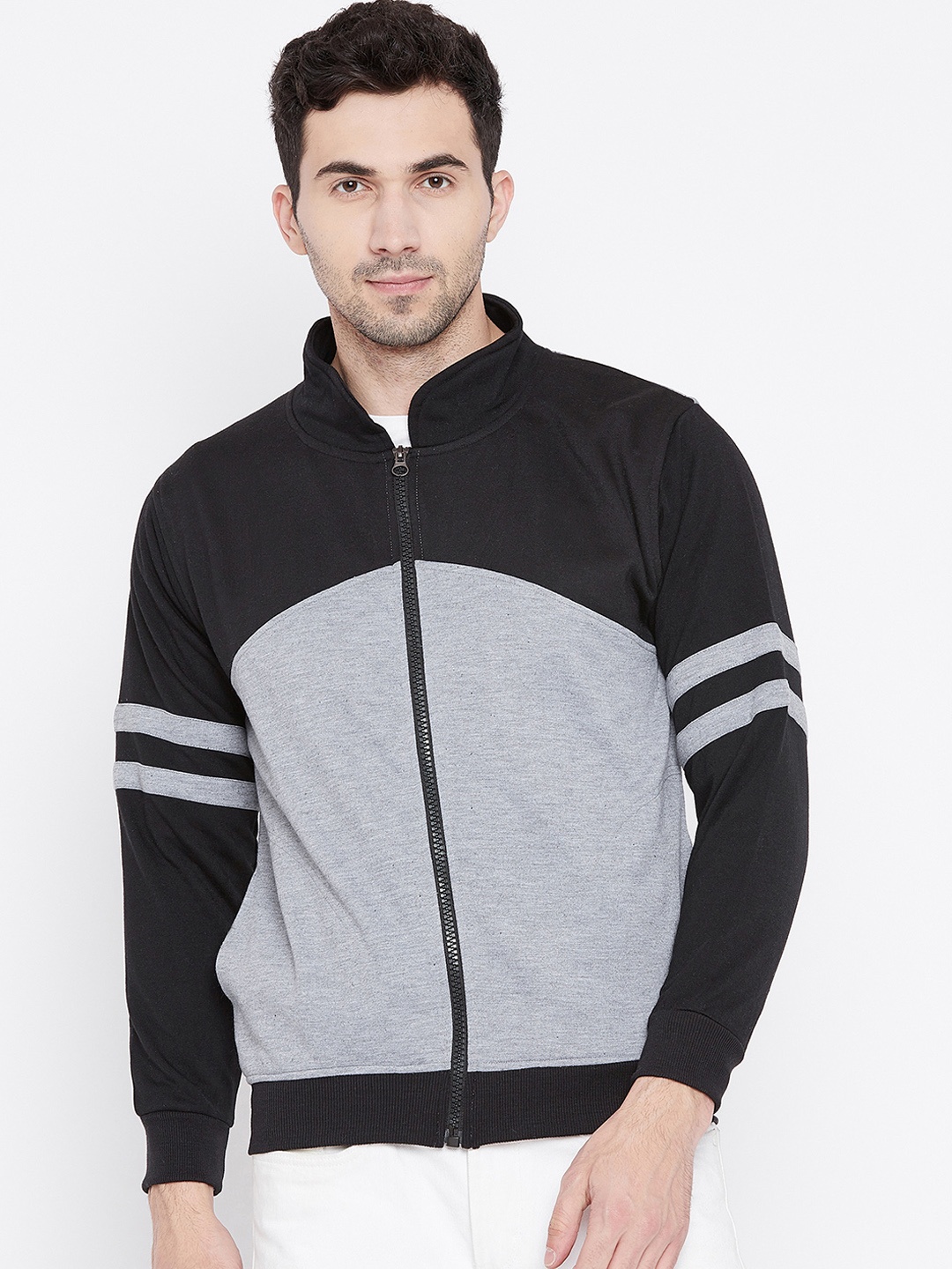 

VIMAL JONNEY Men Grey Melange & Black Colourblocked Sweatshirt