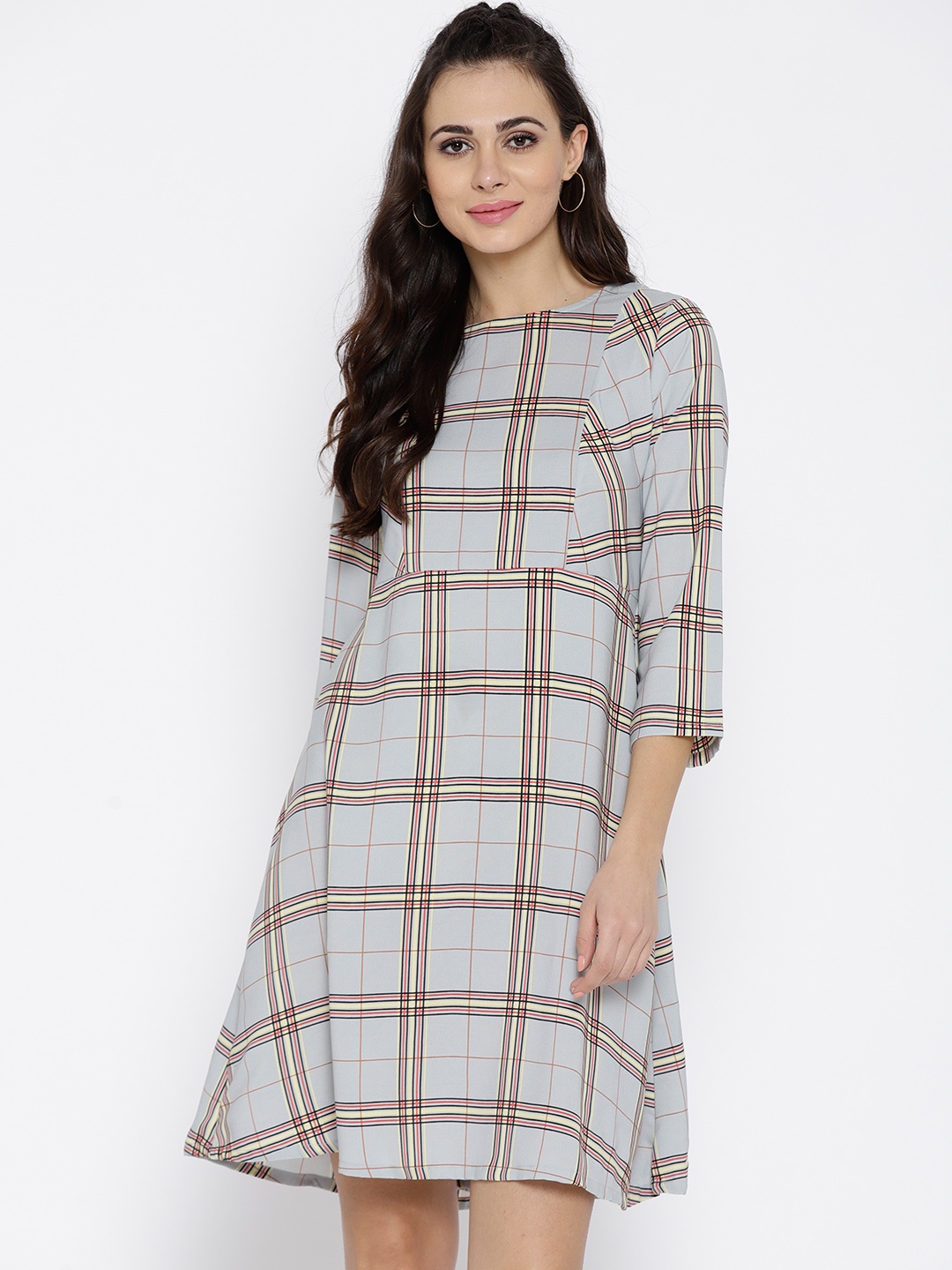 

AND Women Grey Checked A-Line Dress