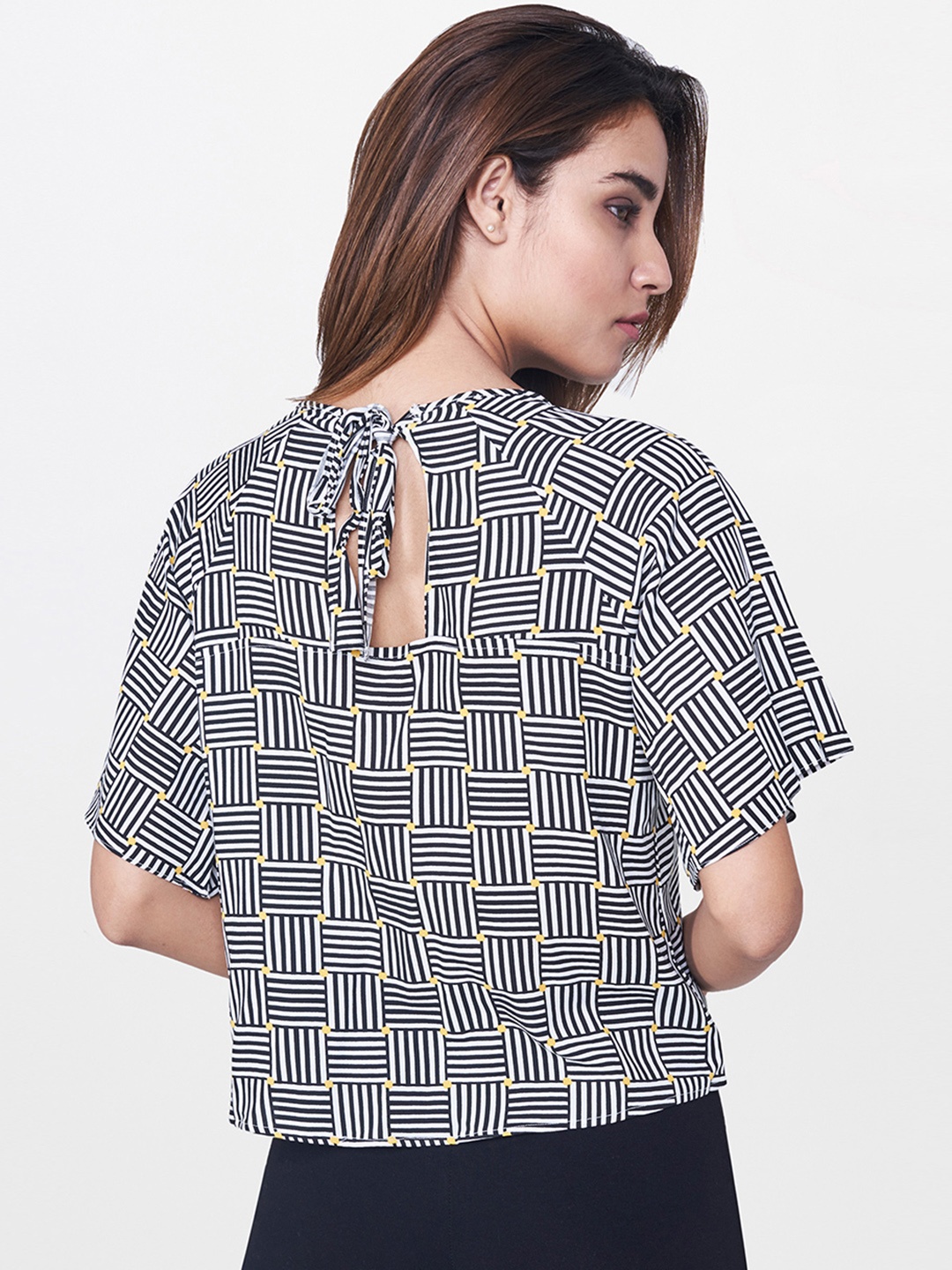 

AND Women Black Printed Styled Back Top