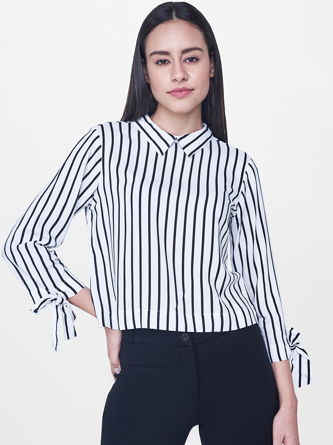 

AND Women White & Black Striped Top