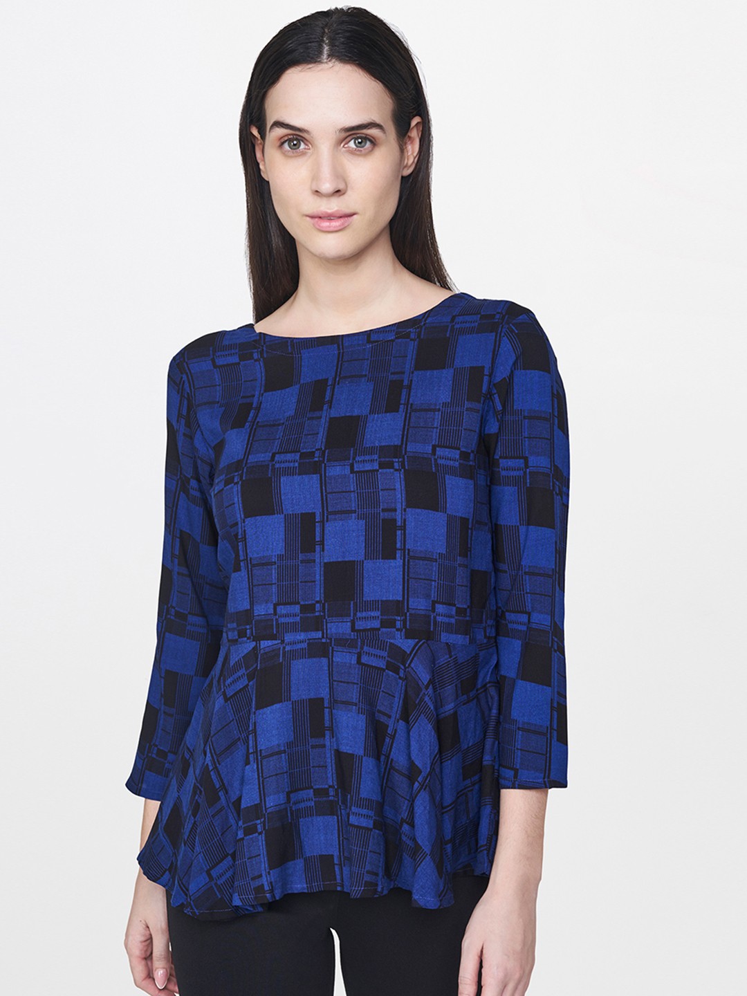 

AND Women Blue & Black Printed A-Line Top