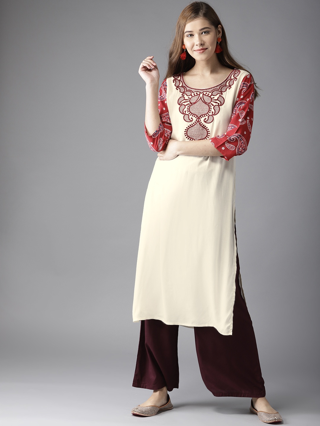 

HERE&NOW Women Cream-Coloured Printed Straight Kurta