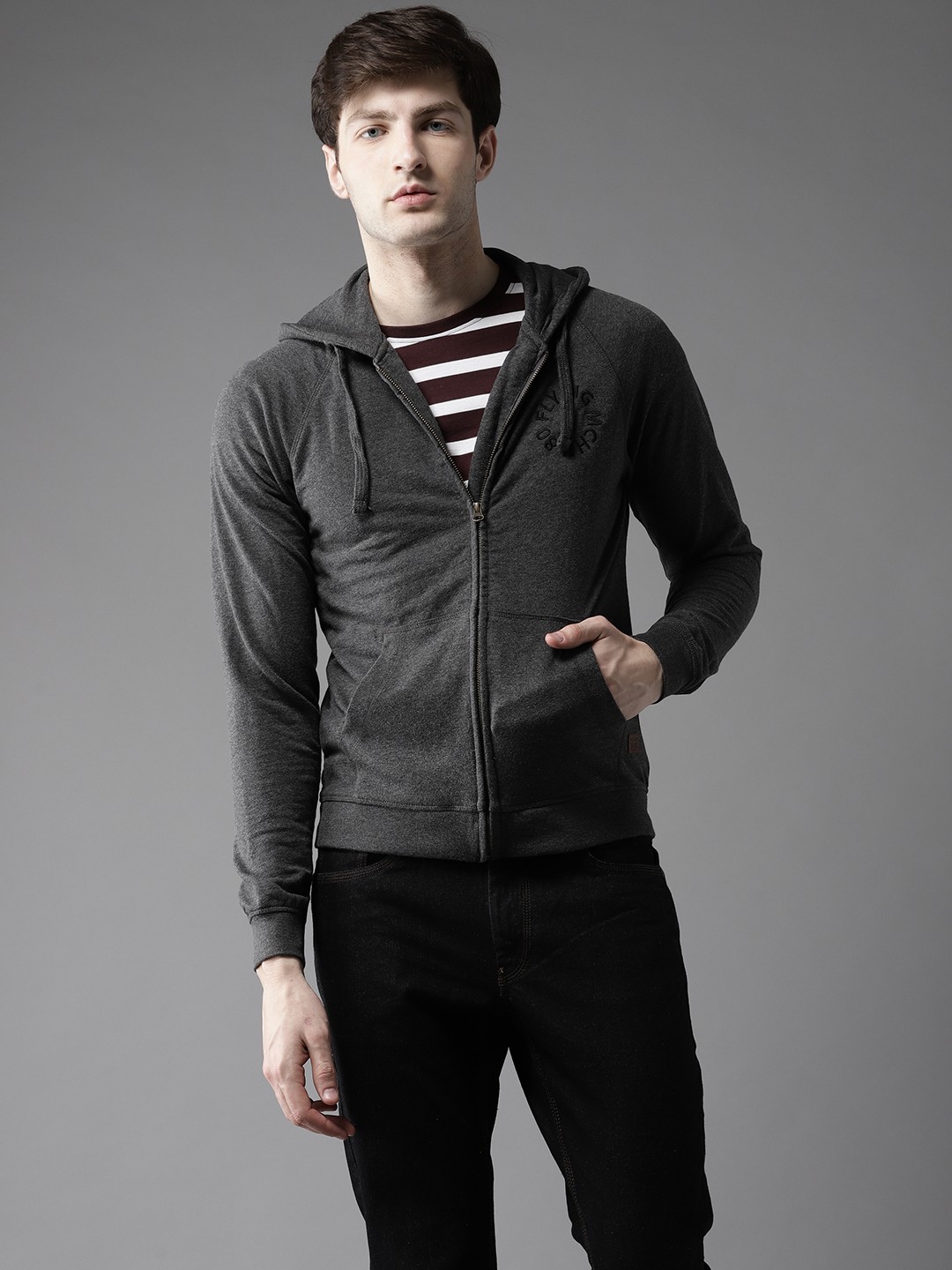 

Flying Machine Men Charcoal Grey Solid Hooded Sweatshirt
