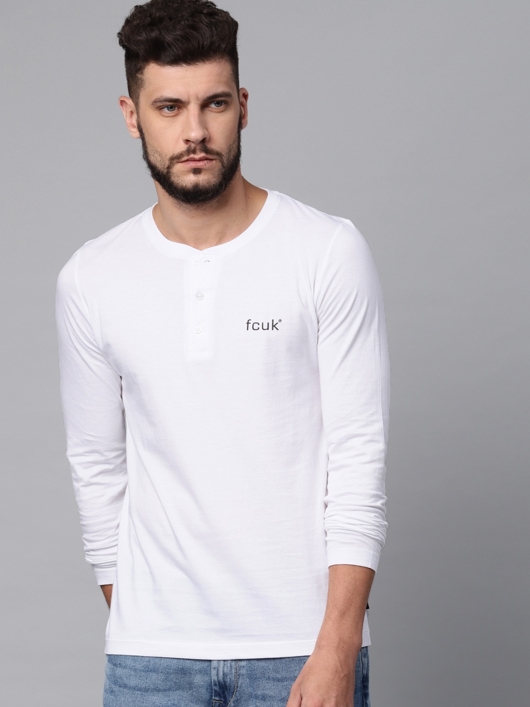 

French Connection Men White Solid Henley Neck T-shirt