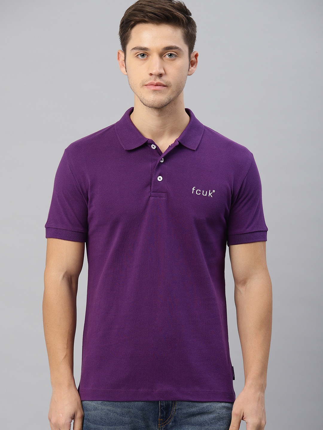

French Connection Men Purple Solid Polo Collar Pure Cotton T-shirt