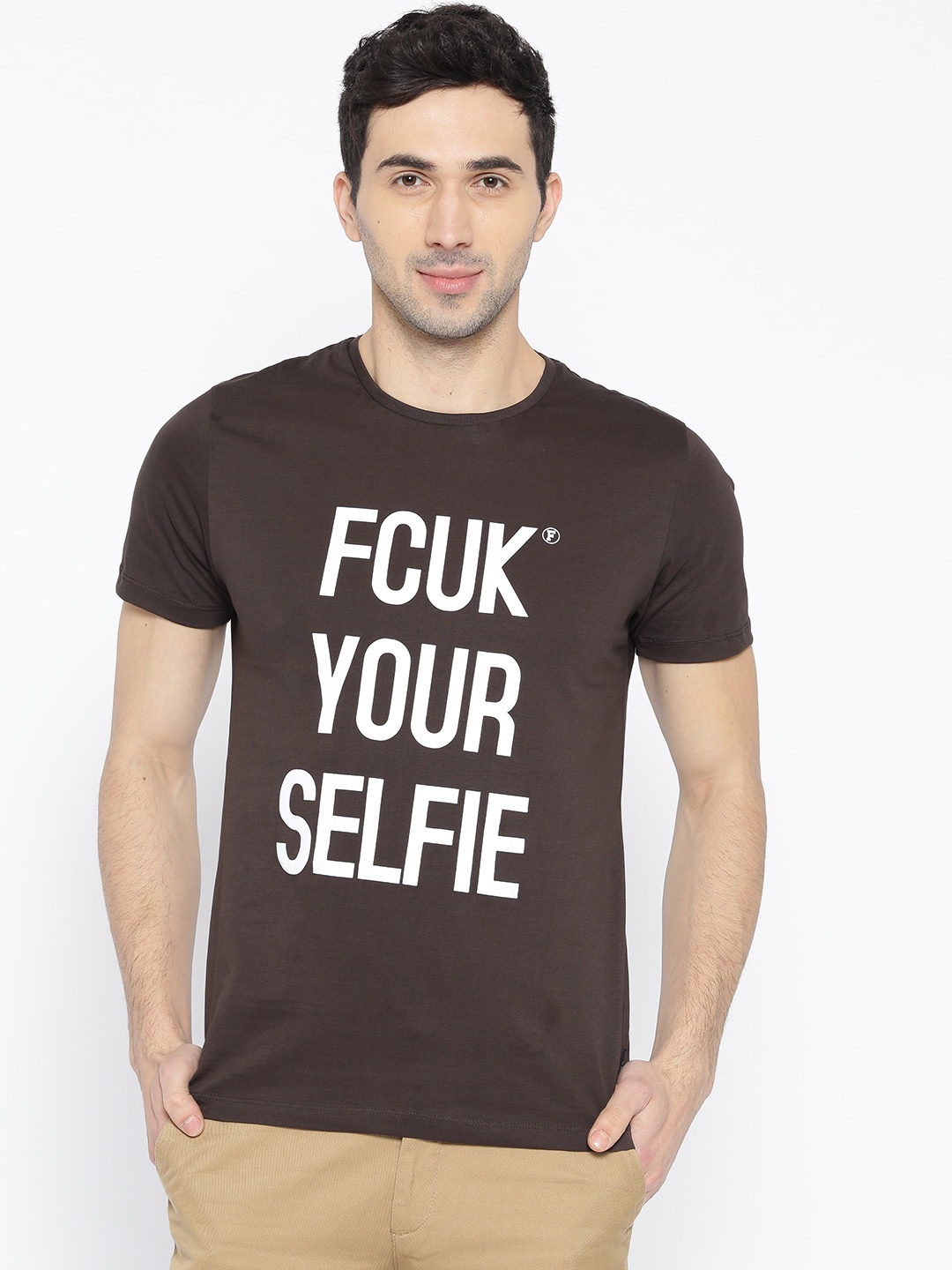 

French Connection Men Olive Brown Printed Round Neck T-shirt