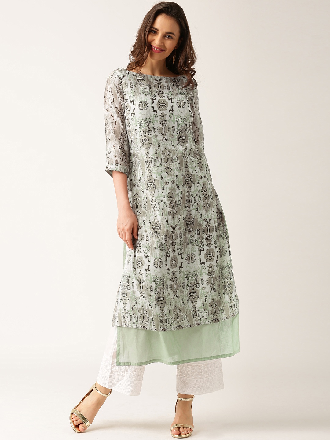 

all about you Women Green Printed Straight Layered Kurta