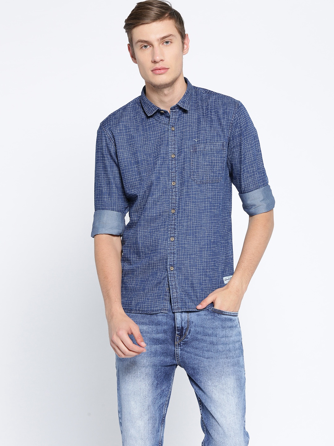 

Flying Machine Men Navy Blue Chambray Regular Fit Checked Casual Shirt