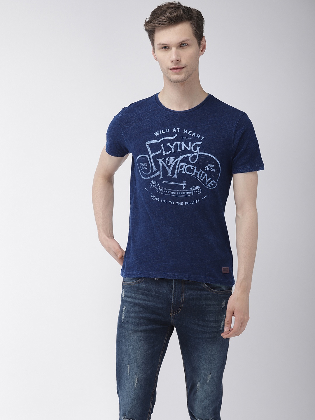 

Flying Machine Men Navy Blue Printed Round Neck Pure Cotton T-shirt