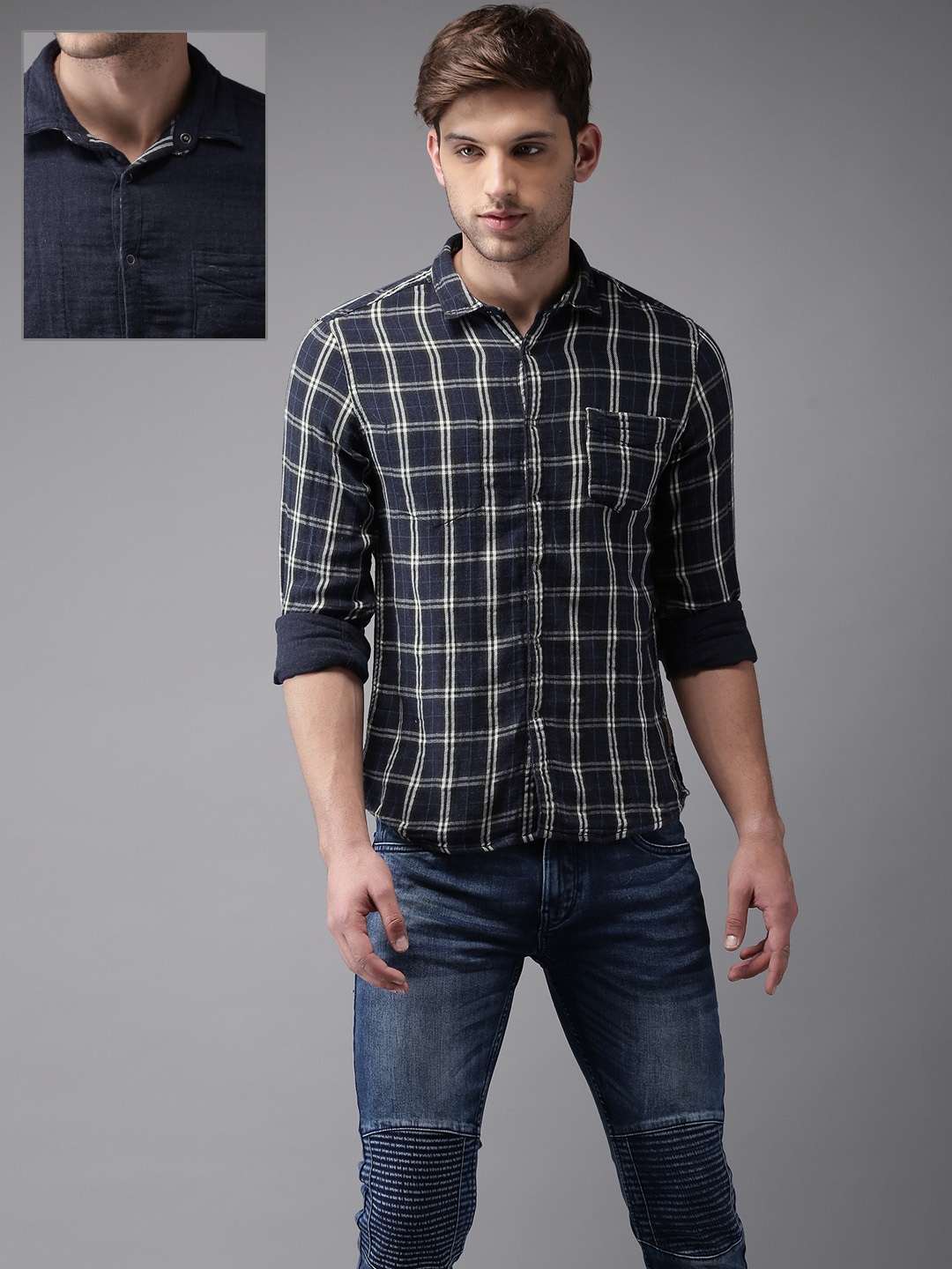 

Flying Machine Men Navy Blue & Green Reversible Regular Fit Checked Casual Shirt
