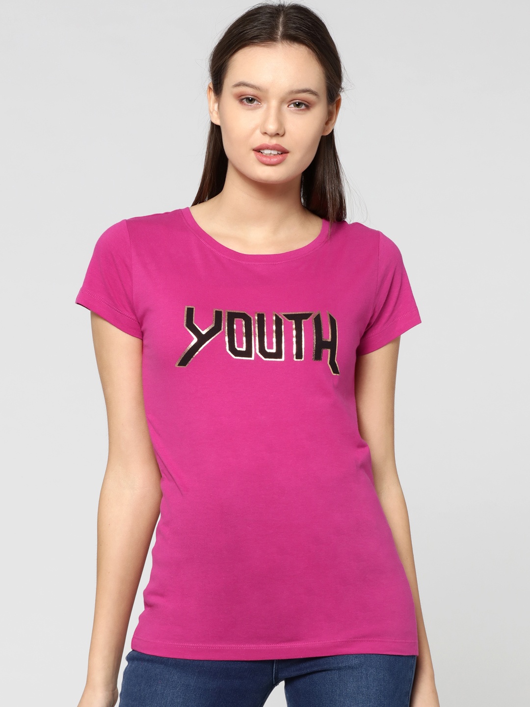 

ONLY Women Magenta Printed Round Neck Pure Cotton T-shirt