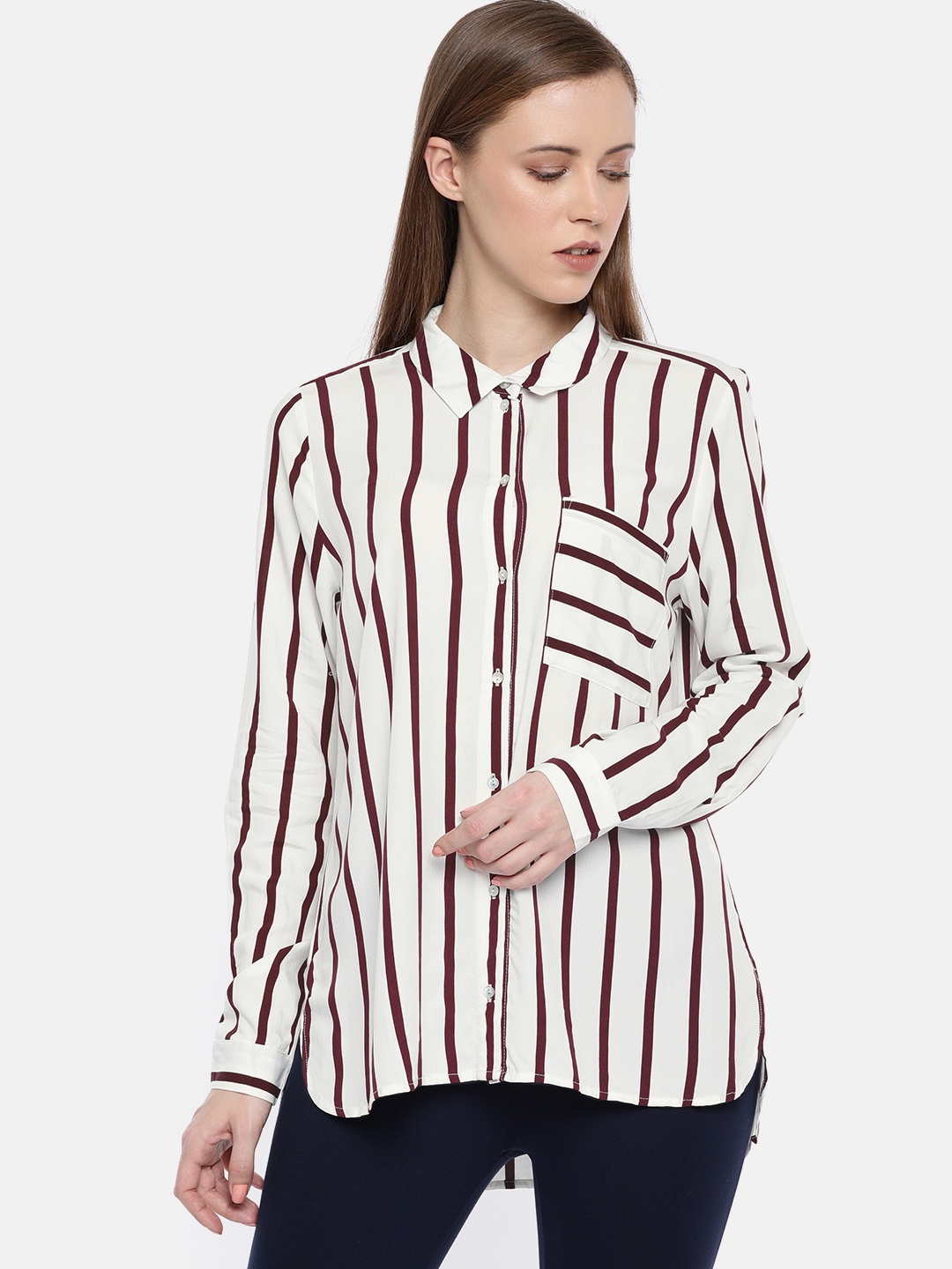 

ONLY Women White & Burgundy Regular Fit Striped Casual Shirt