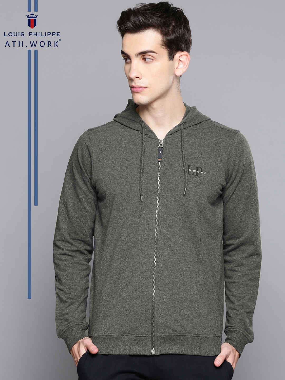 

Louis Philippe Ath.Work Men Grey Solid Hooded Sweatshirt