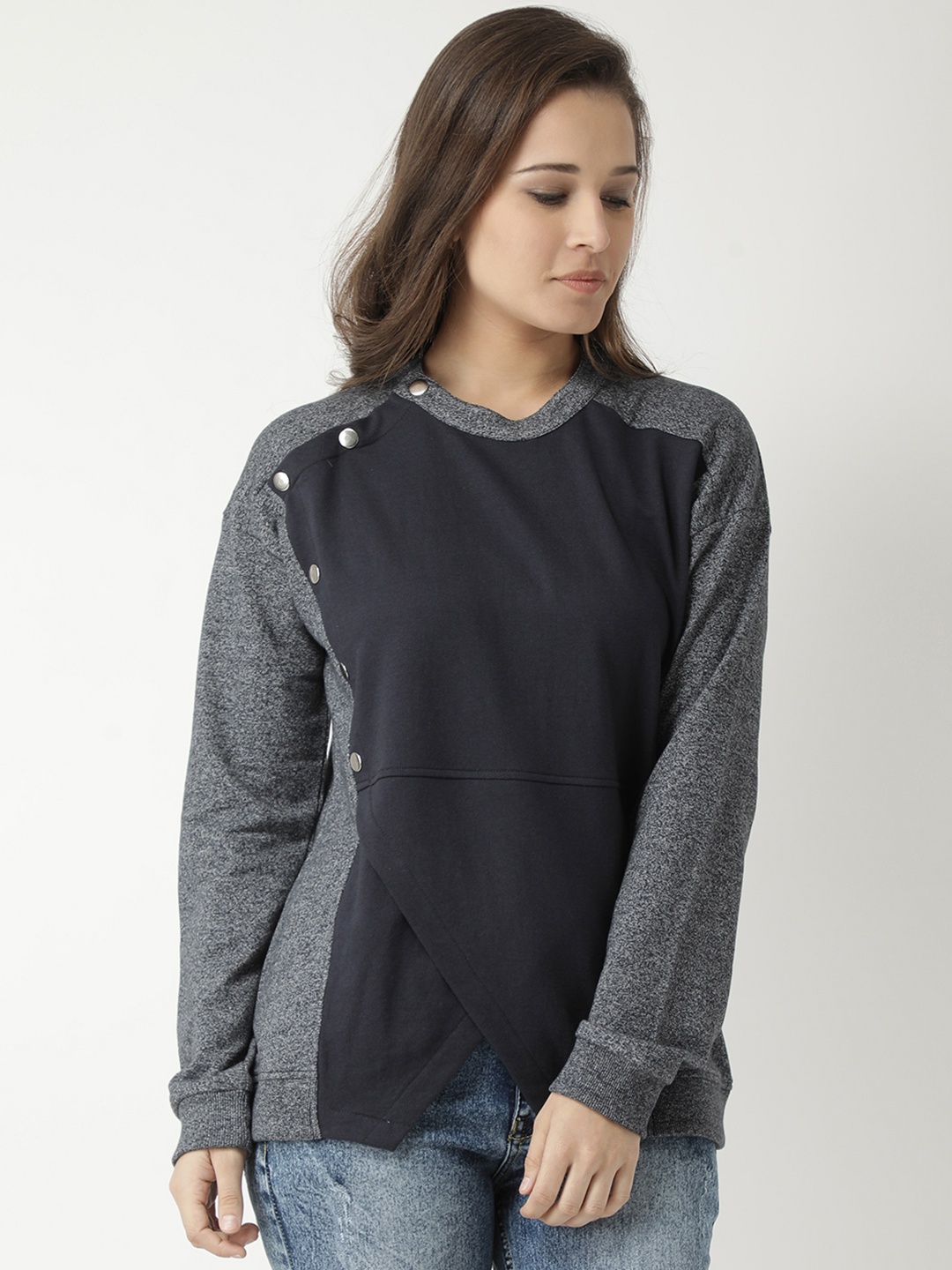 

Club York Women Navy Blue Colourblocked Sweatshirt