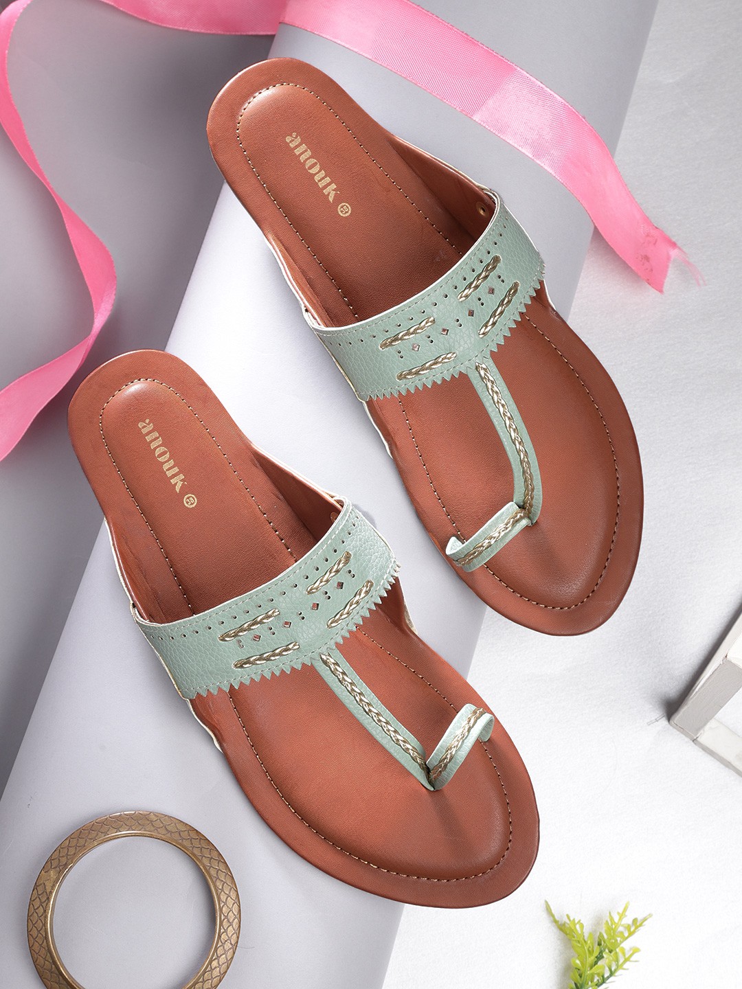 

Anouk Women Blue & Gold-Toned Woven Design One Toe Flats
