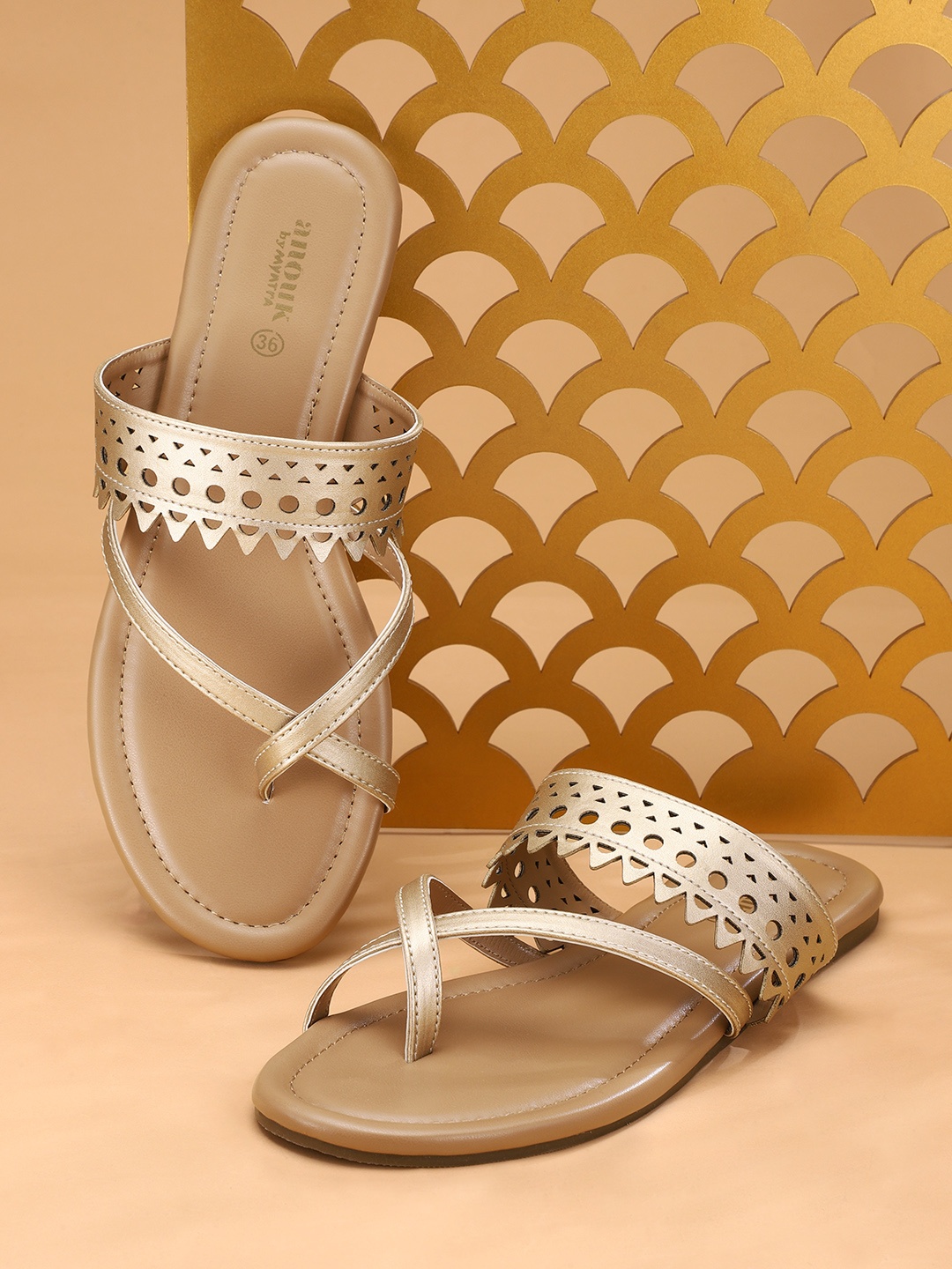 

Anouk Women Muted Gold-Toned One Toe Flats with Laser Cuts