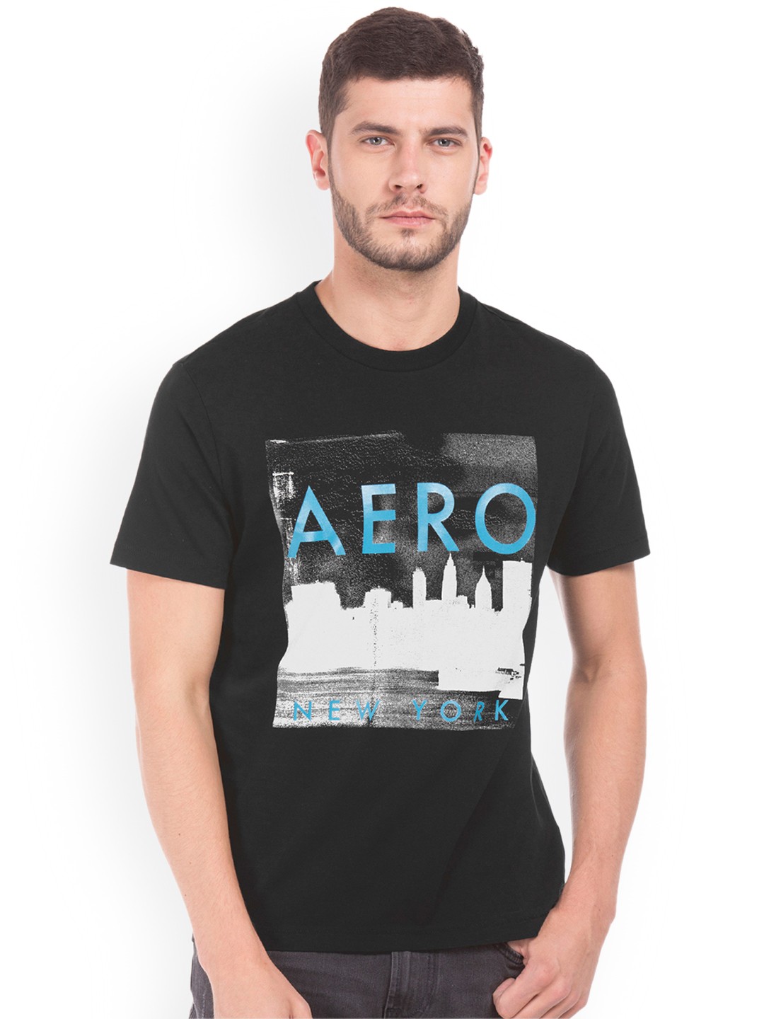 

Aeropostale Men Black Printed Round Neck Pure Cotton T-shirt