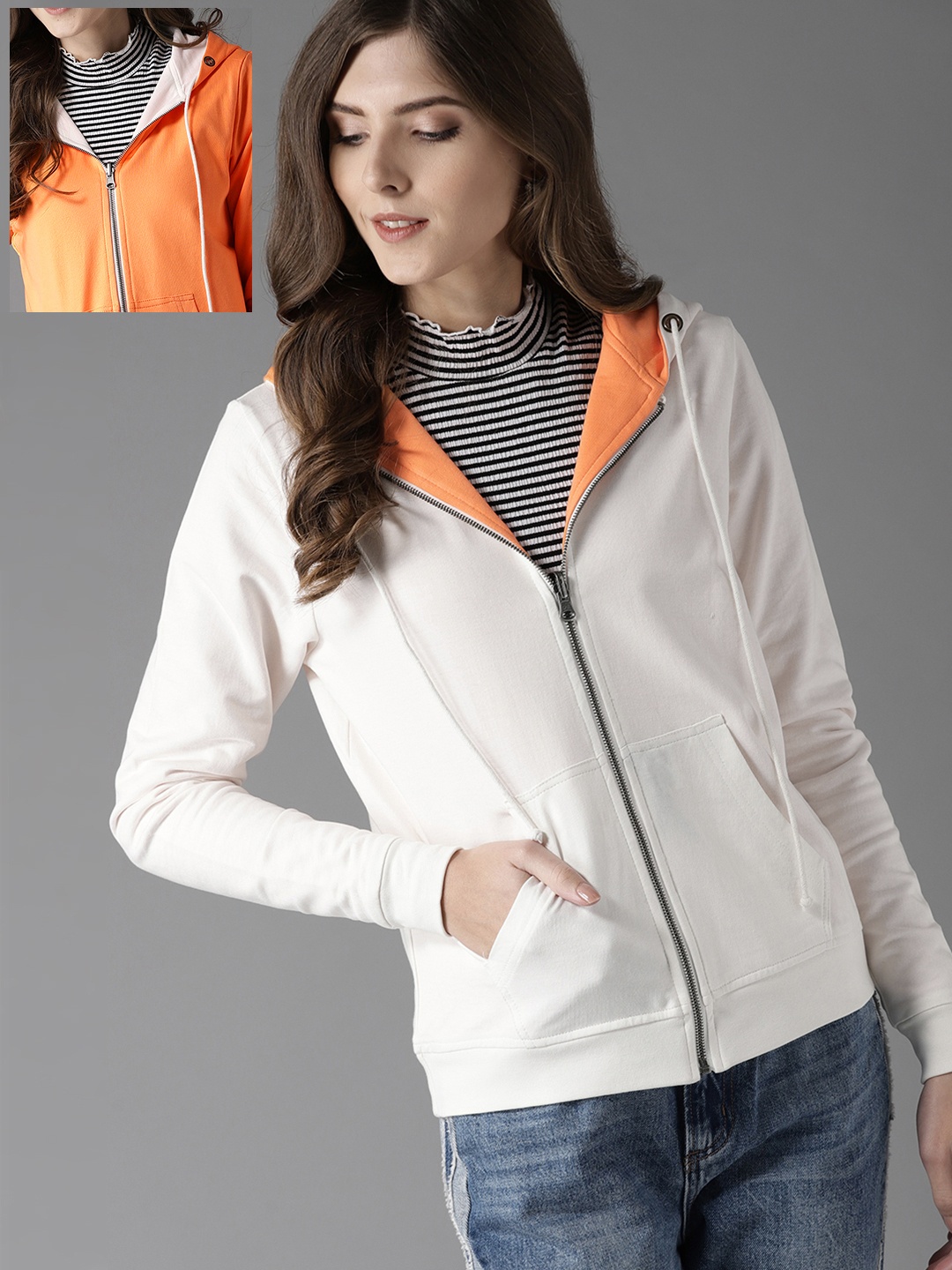 

HERE&NOW Women White & Orange Solid Hooded Reversible Sweatshirt