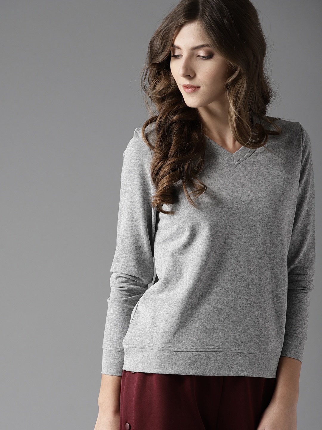 

HERE&NOW Women Grey Melange Solid Sweatshirt