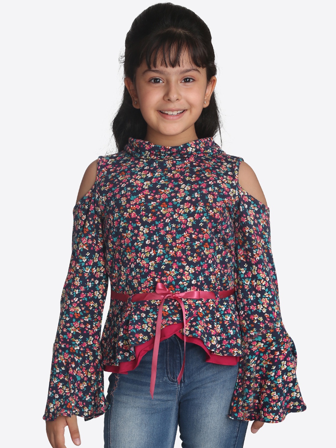 

CUTECUMBER Girls Navy Blue Printed Peplum Top