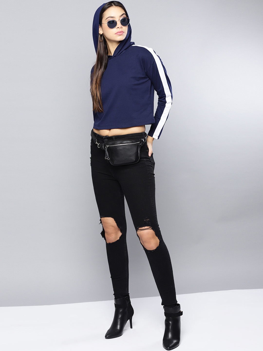

Harpa Women Navy Blue Solid Hooded Sweatshirt