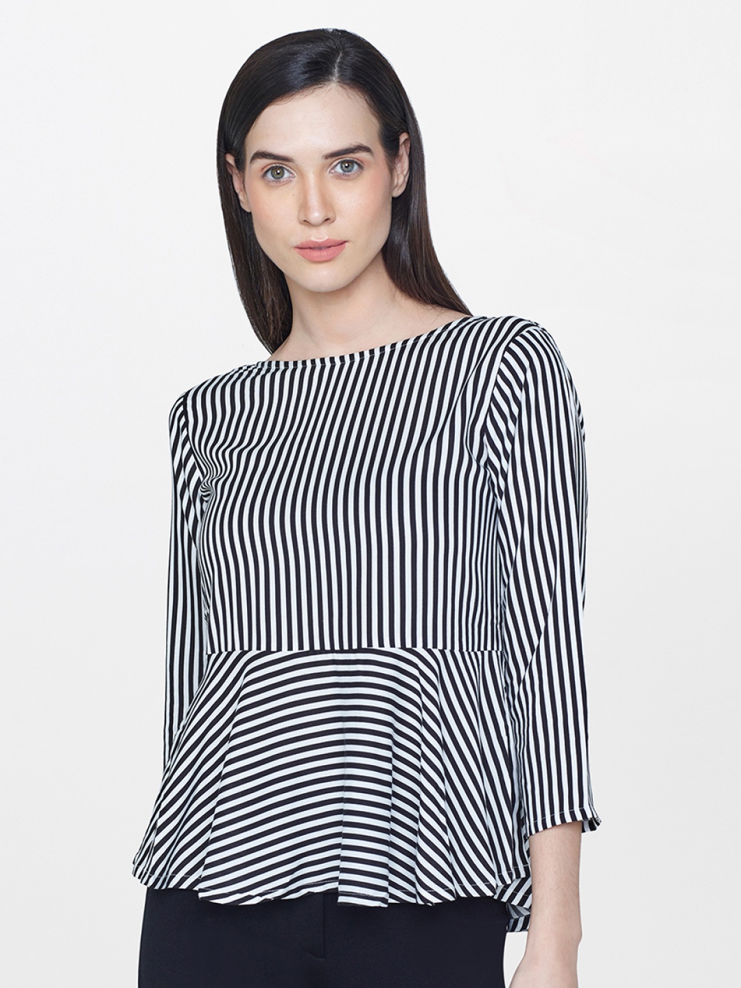 

AND Women Black Striped Peplum Top