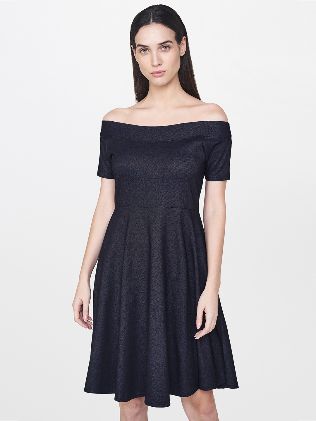 

AND Women Navy Blue Solid A-Line Dress
