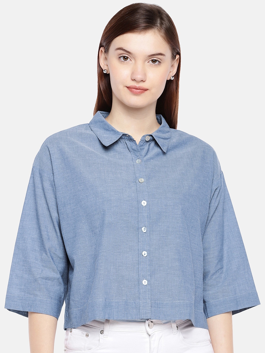 

AND Women Grey Regular Fit Solid Crop Casual Shirt