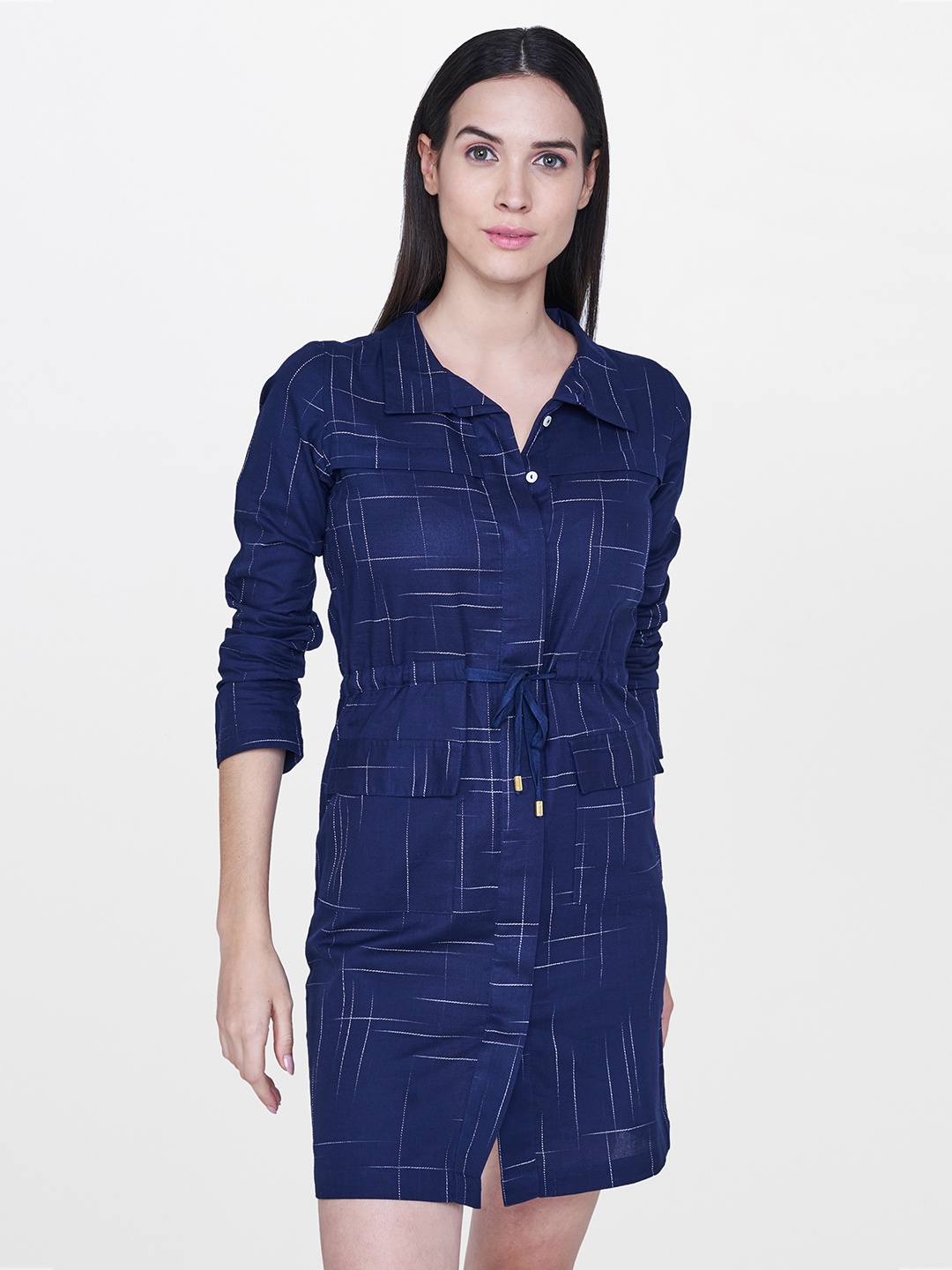 

AND Women Navy Blue Checked Shirt Dress