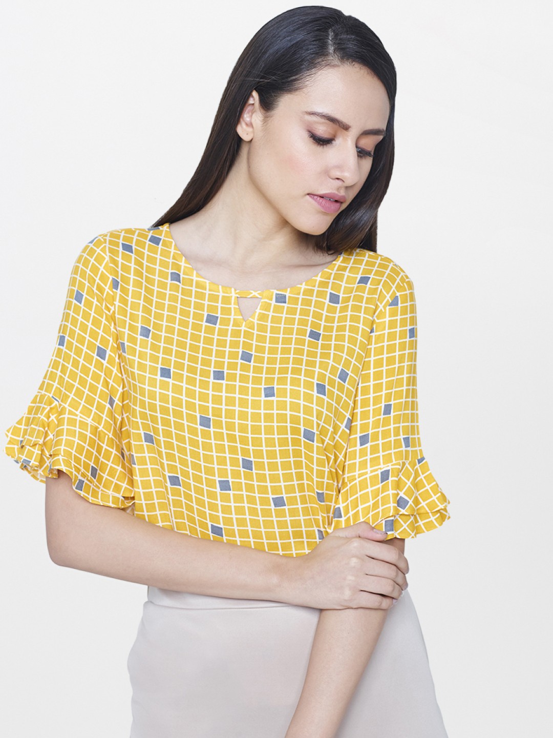

AND Women Yellow Checked Key Hole Neck Top