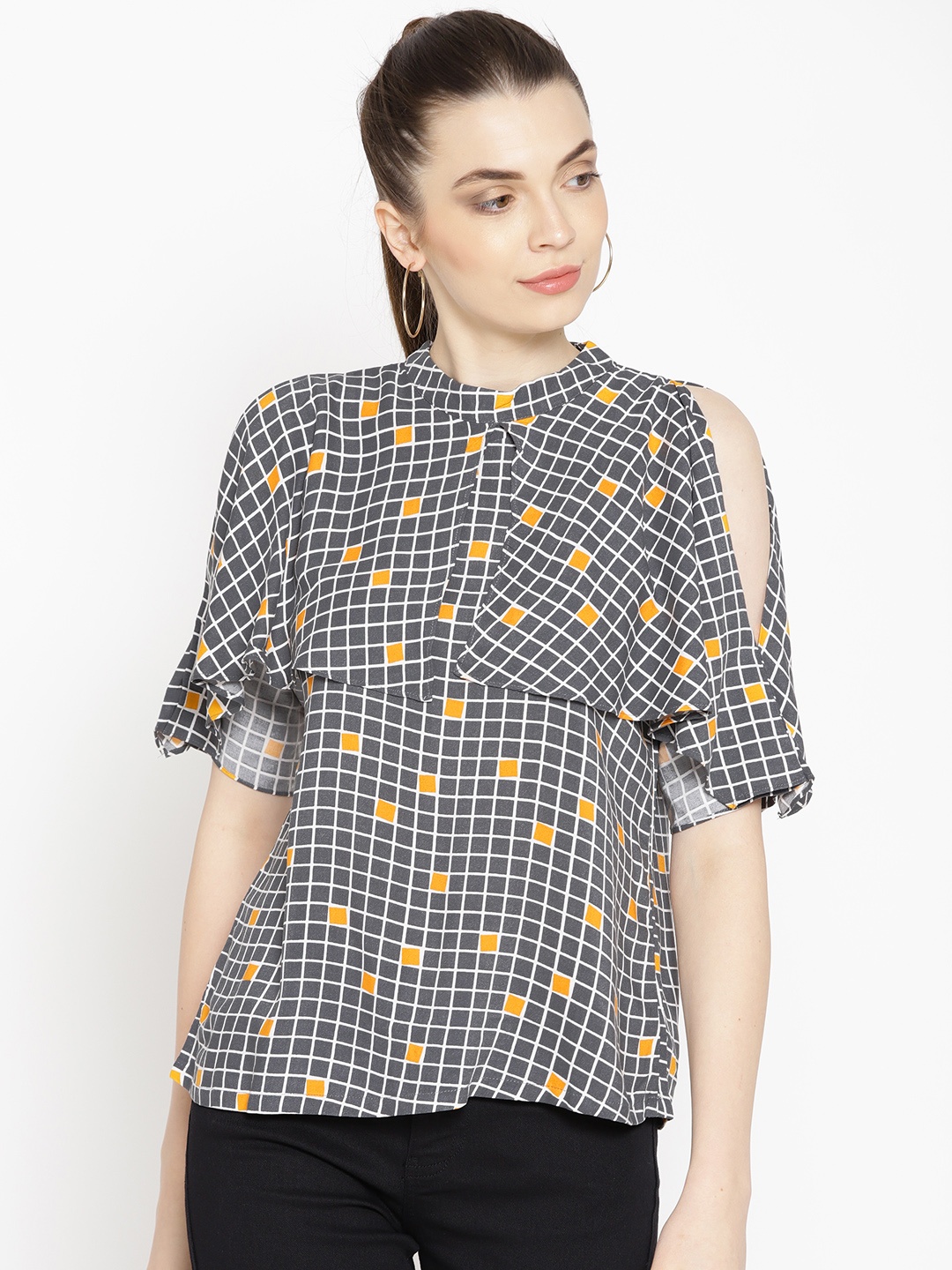 

AND Women Charcoal Grey & Mustard Yellow Checked Top